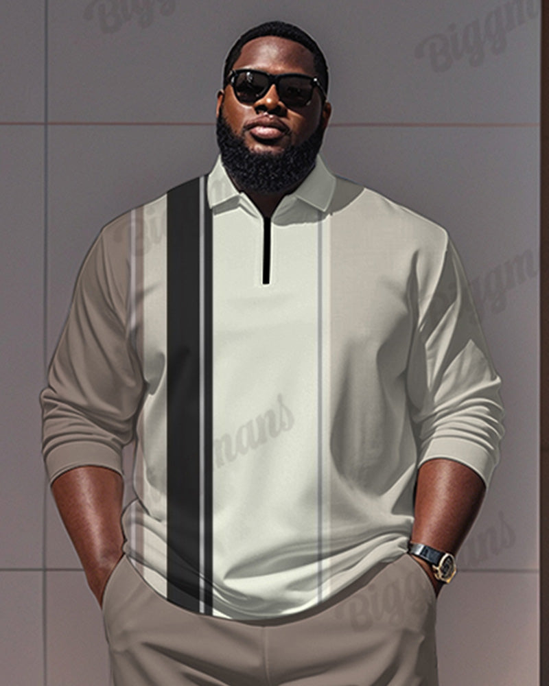 Big & Tall Khaki Striped Graphic Polo Pants Set for big men view 2