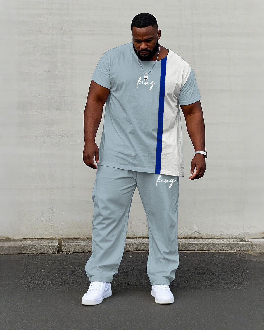 Big & Tall White Blue Colorblock T-Shirt Pants Set for big men view 3
