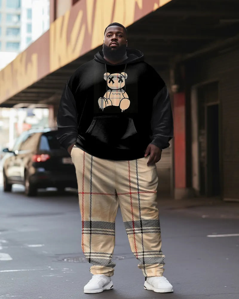 Big & Tall Brown Plaid Striped Hoodie Sweatpants Set for big men view 1