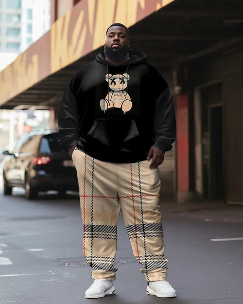 Big & Tall Brown Plaid Striped Hoodie Sweatpants Set for big men view 1