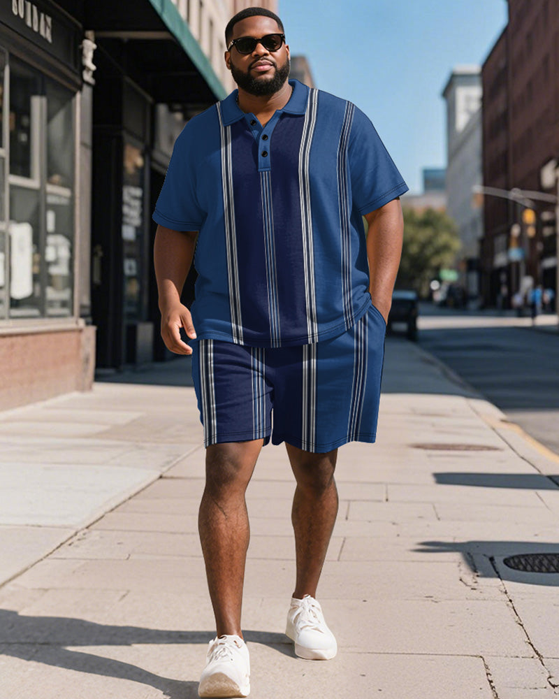 Big & Tall Blue Striped Graphic Polo Shorts Set for big men view 1