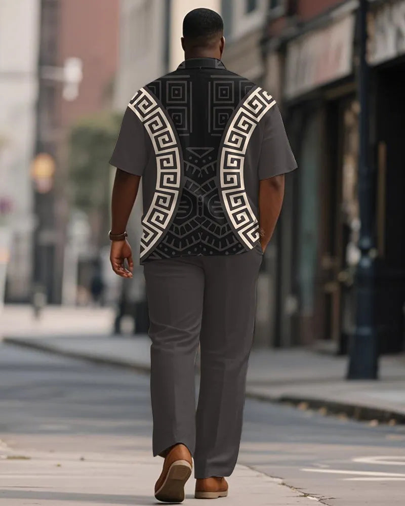 Big & Tall Brown Geometric Graphic T-Shirt Pants Set for big men view 4