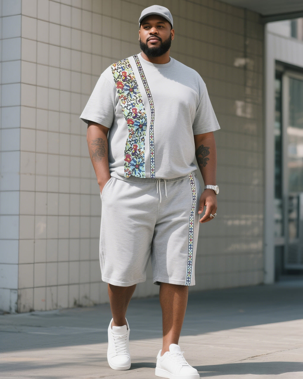 Big & Tall Gray Striped Graphic T-Shirt Shorts Set for big men view 1