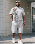 Big & Tall Gray Striped Graphic T-Shirt Shorts Set for big men view 1