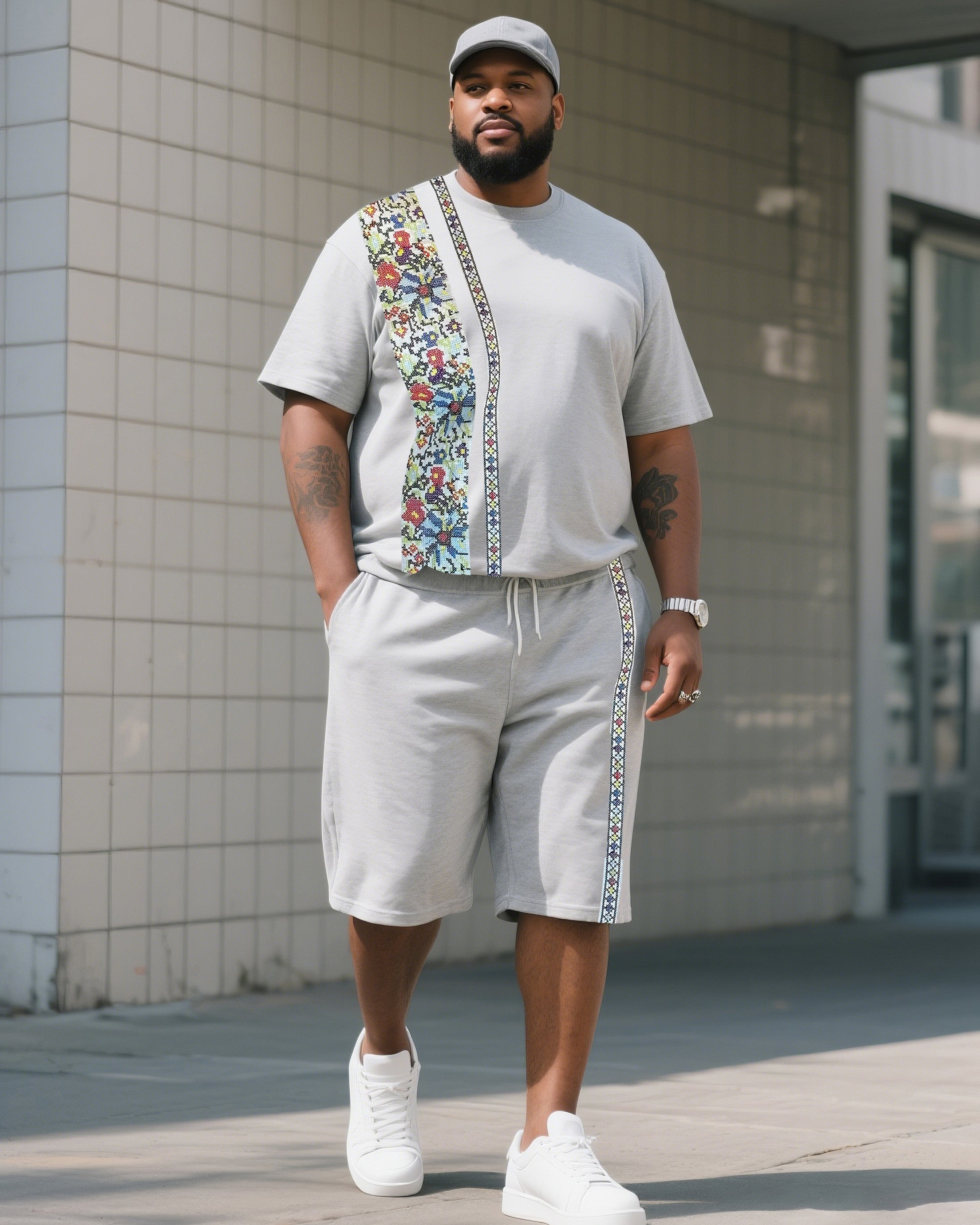 Big & Tall Gray Striped Graphic T-Shirt Shorts Set for big men view 1