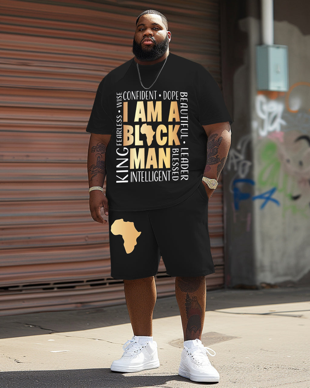Big & Tall Black Graphic T-Shirt Shorts Set for big men view 1