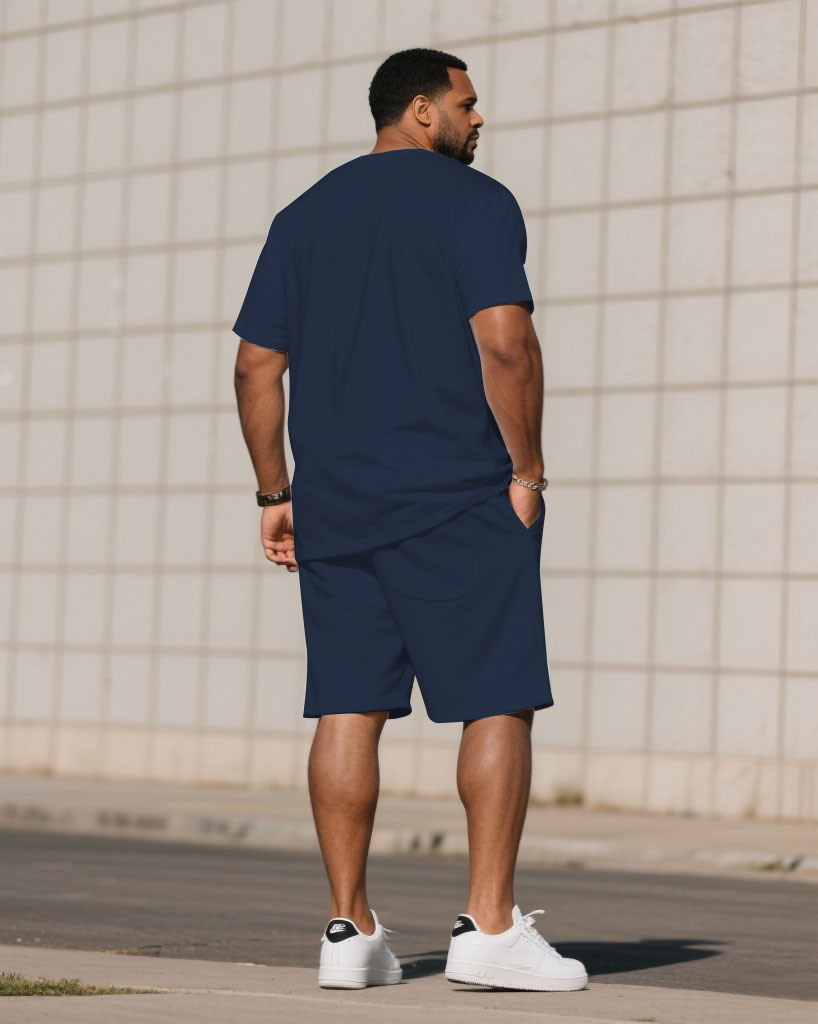 Big & Tall White Blue Colorblock T-Shirt Shorts Set for big men view 4