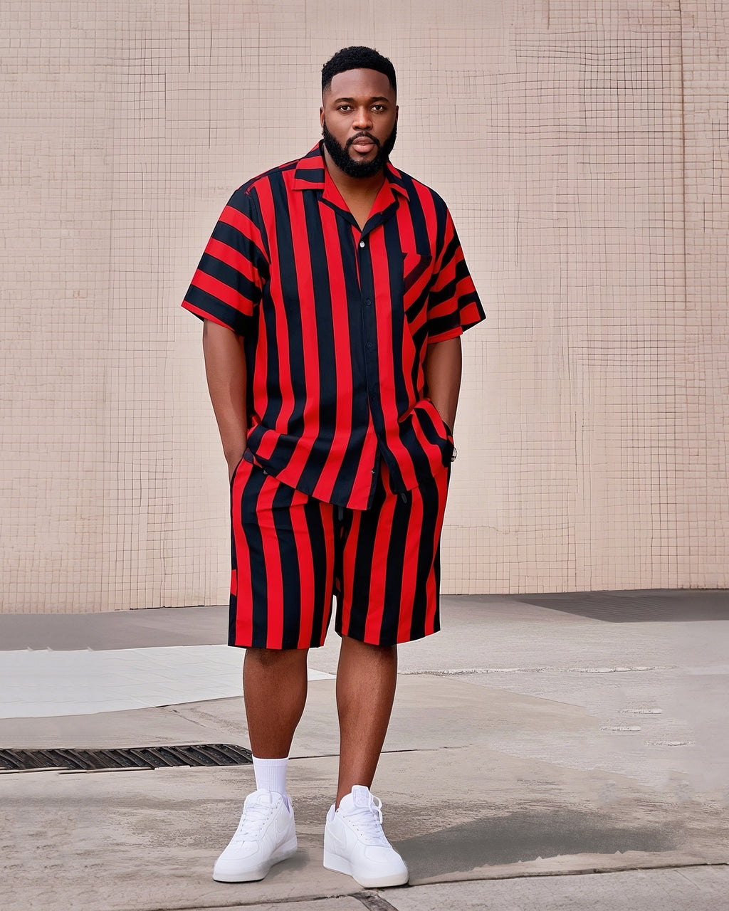 Big & Tall Black Red Colorblock T-Shirt Shorts Set for big men view 1