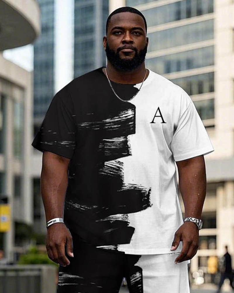 Big & Tall Black White Graphic T-Shirt Pants Set for big men view 2