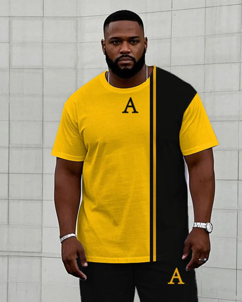 Big & Tall Black Yellow Colorblock T-Shirt Pants Set for big men view 2