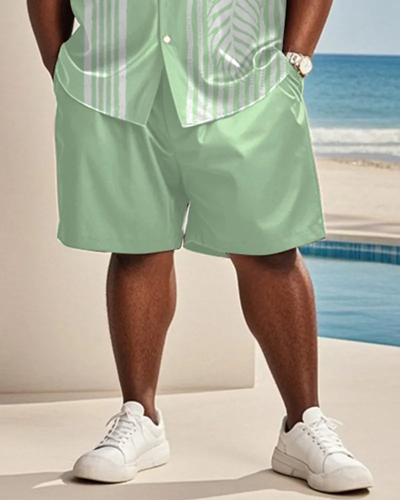 Big & Tall Green Hawaiian Striped T-Shirt Shorts Set for big men view 3