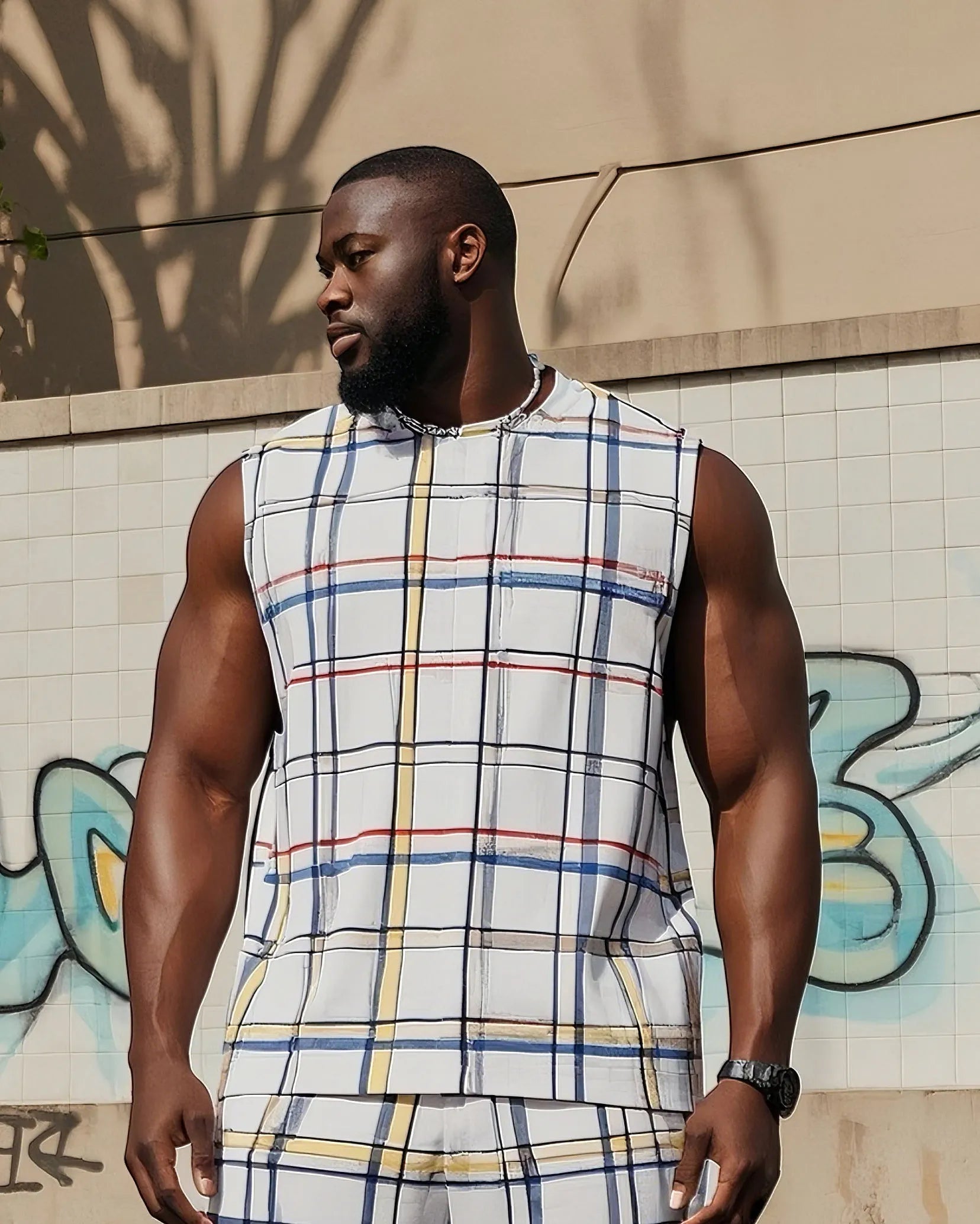 Big & Tall Plaid Streetwear Vest Pants Set for big men view 2