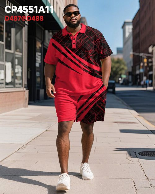 Big & Tall Black Red Colorblock Polo Shorts Set for big men view 2
