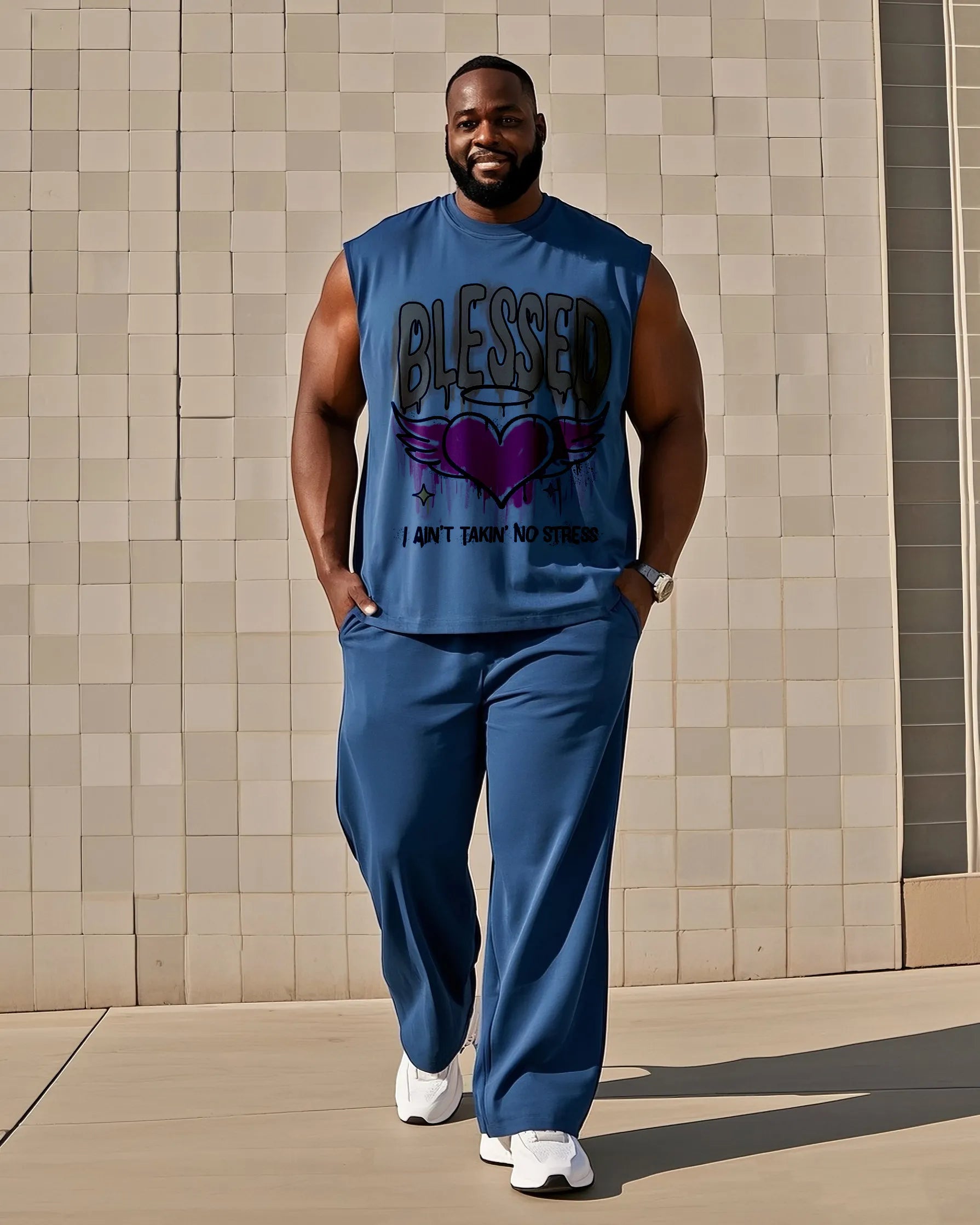 Big & Tall Graphic Streetwear Vest Pants Set for big men view 3
