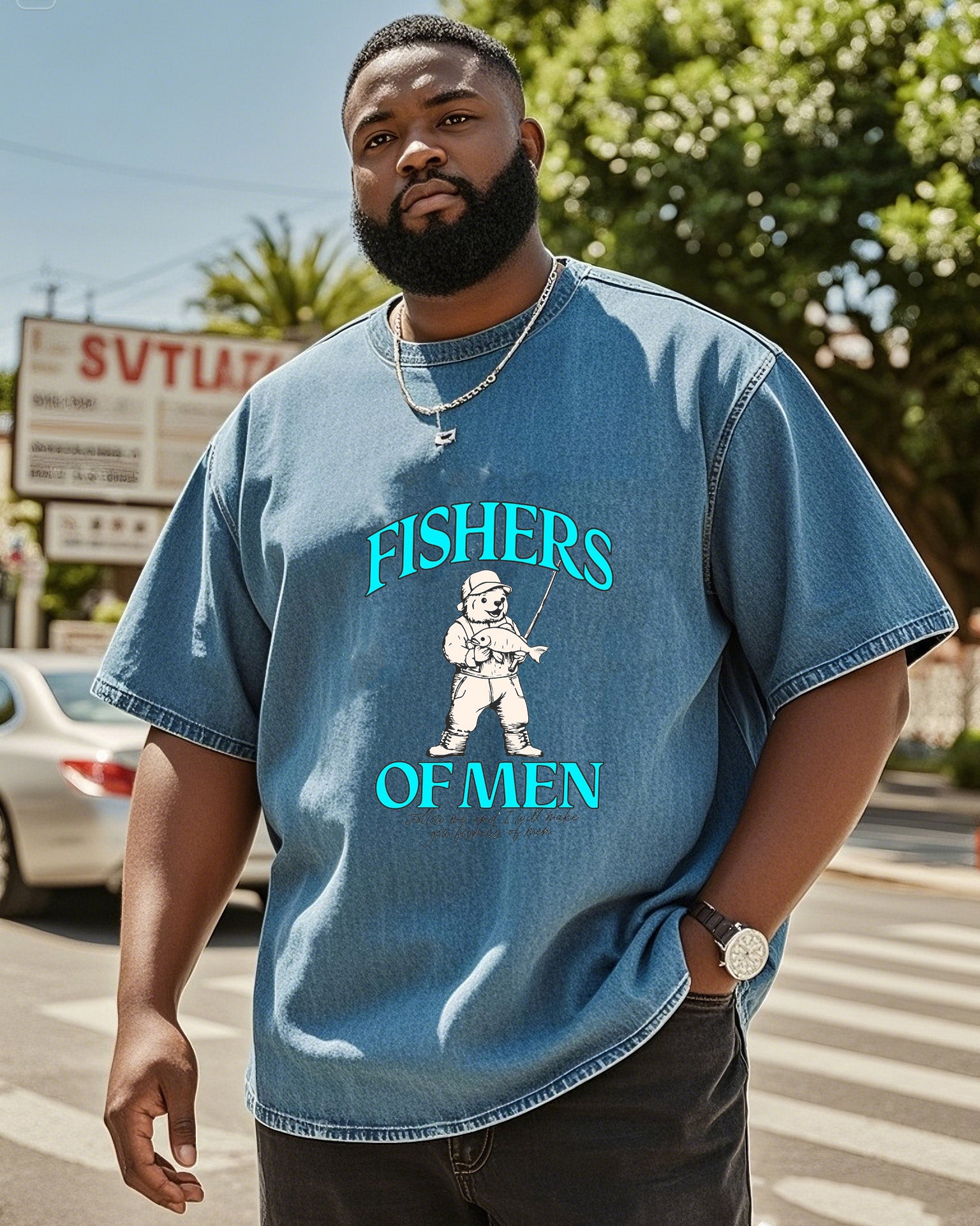 Big & Tall Denim Washed Business Casual T-Shirt for big men