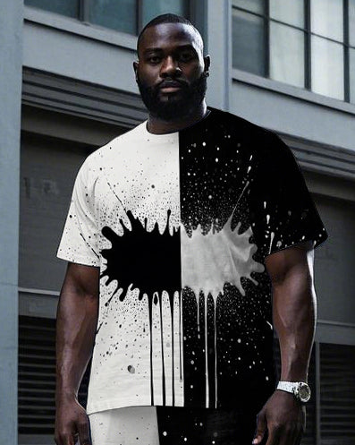 Big & Tall Black White Colorblock T-Shirt Pants Set for big men view 2