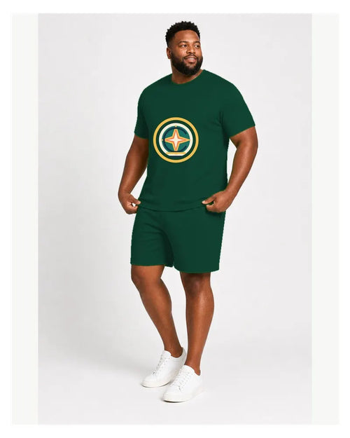 Big and tall dark green compass graphic T-shirt and matching shorts set front view