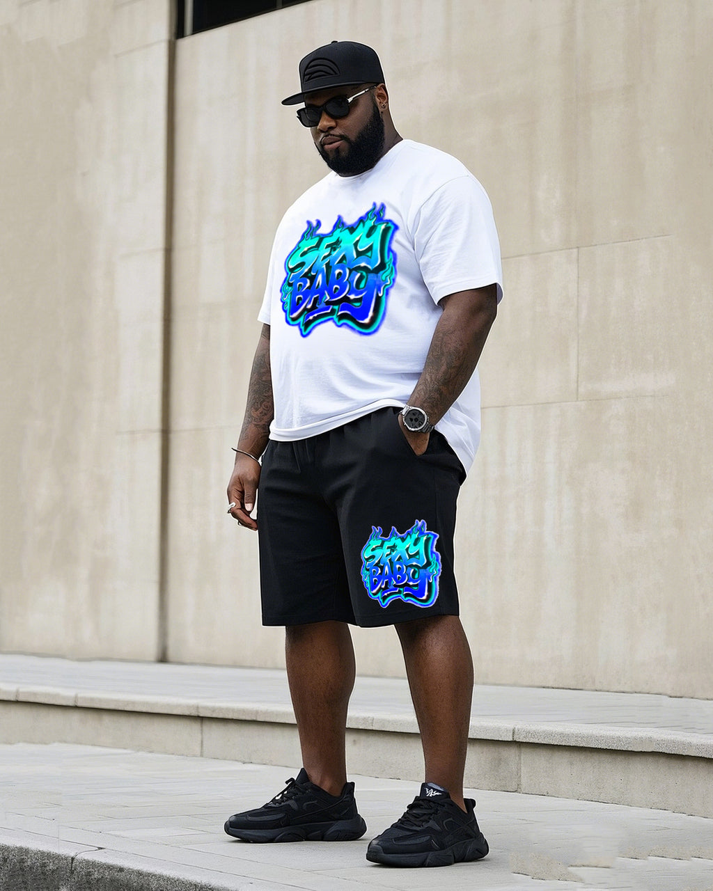Big & Tall Graffiti Streetwear T-Shirt Shorts Set for big men view 2