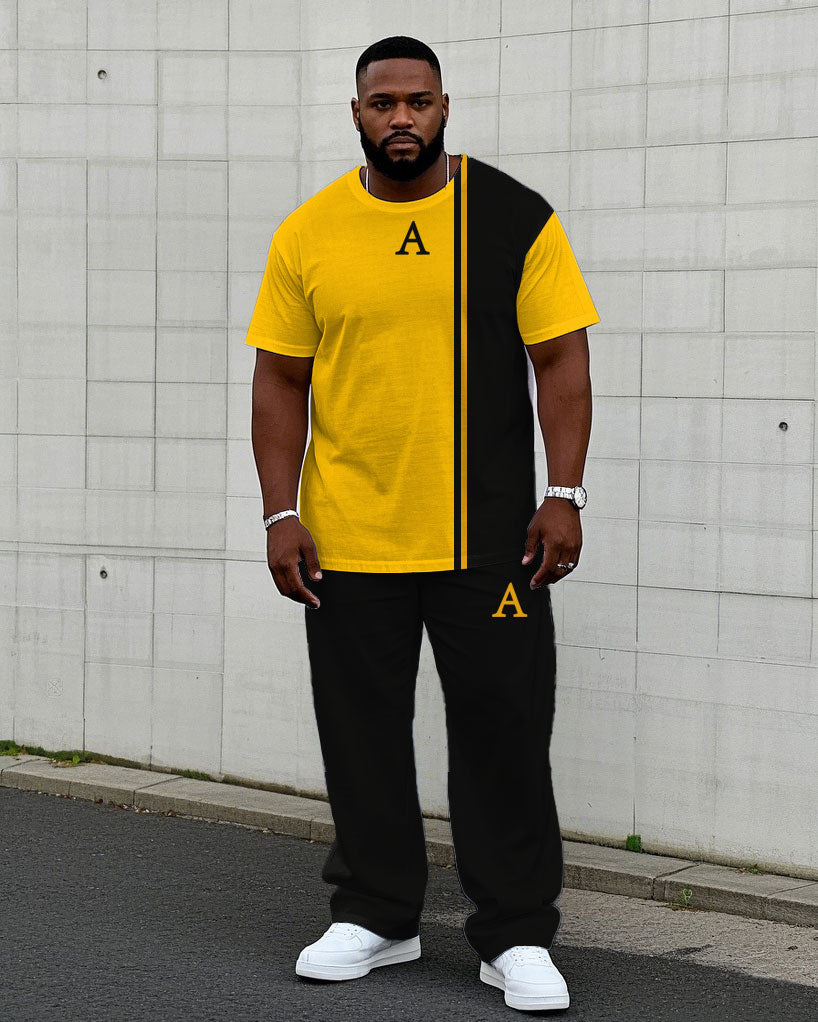 Big & Tall Black Yellow Colorblock T-Shirt Pants Set for big men view 1