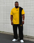 Big & Tall Black Yellow Colorblock T-Shirt Pants Set for big men view 1