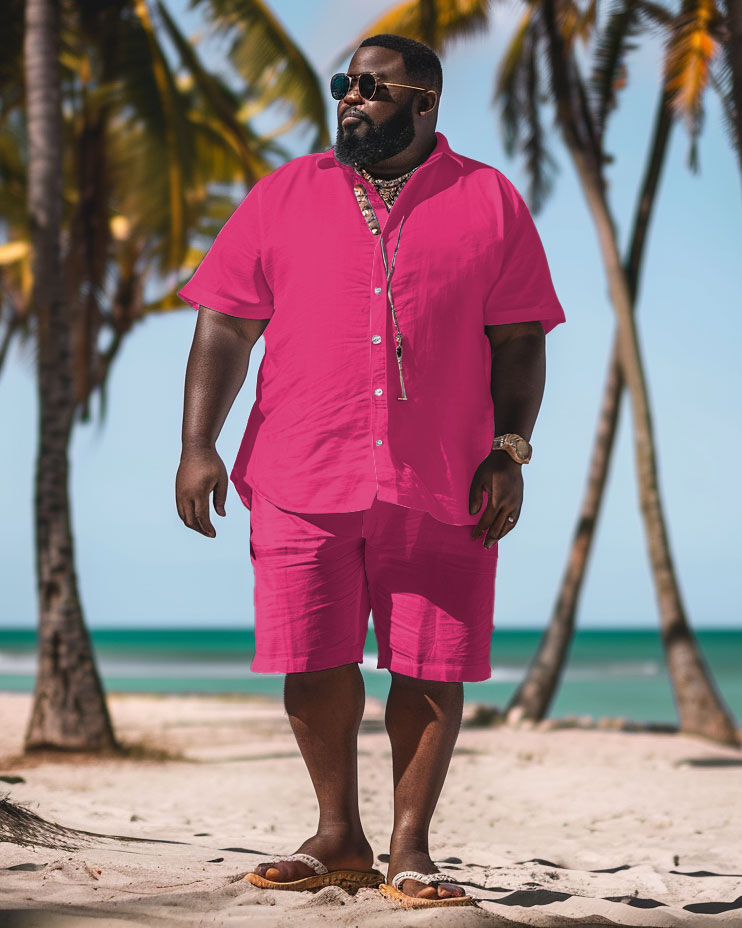 Big & Tall Pink Solid Color T-Shirt Shorts Set for big men view 1