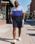 Big & Tall Purple Colorblock Striped Polo Shorts Set for big men view 2