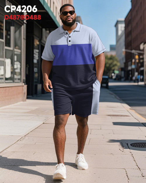Big & Tall Purple Colorblock Striped Polo Shorts Set for big men view 2