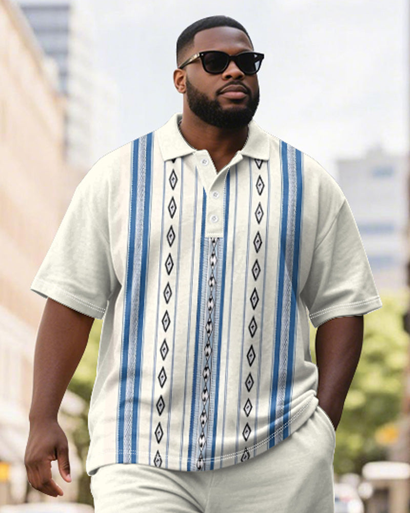 Big & Tall Blue Striped Graphic Polo Shorts Set for big men view 3