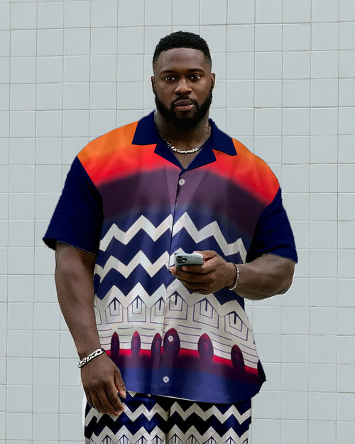 Big & Tall Striped Graphic Vintage T-Shirt Shorts Set for big men view 2