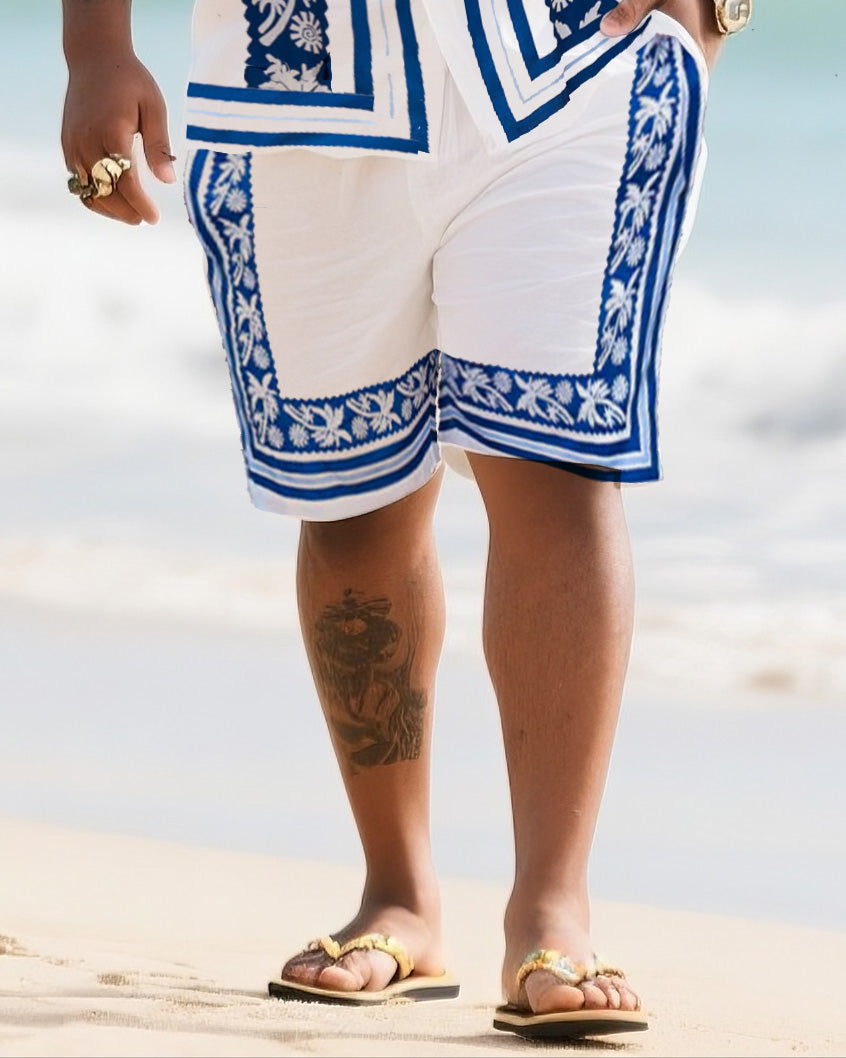 Big & Tall White Blue Striped T-Shirt Shorts Set for big men view 3