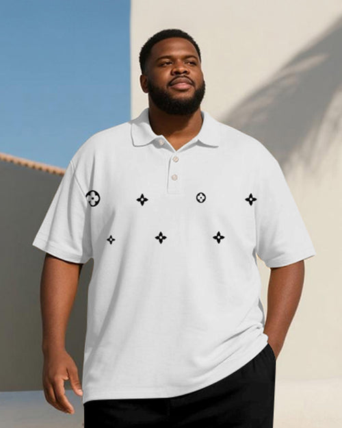 Big & Tall Black White Geometric Polo Shorts Set for big men view 2