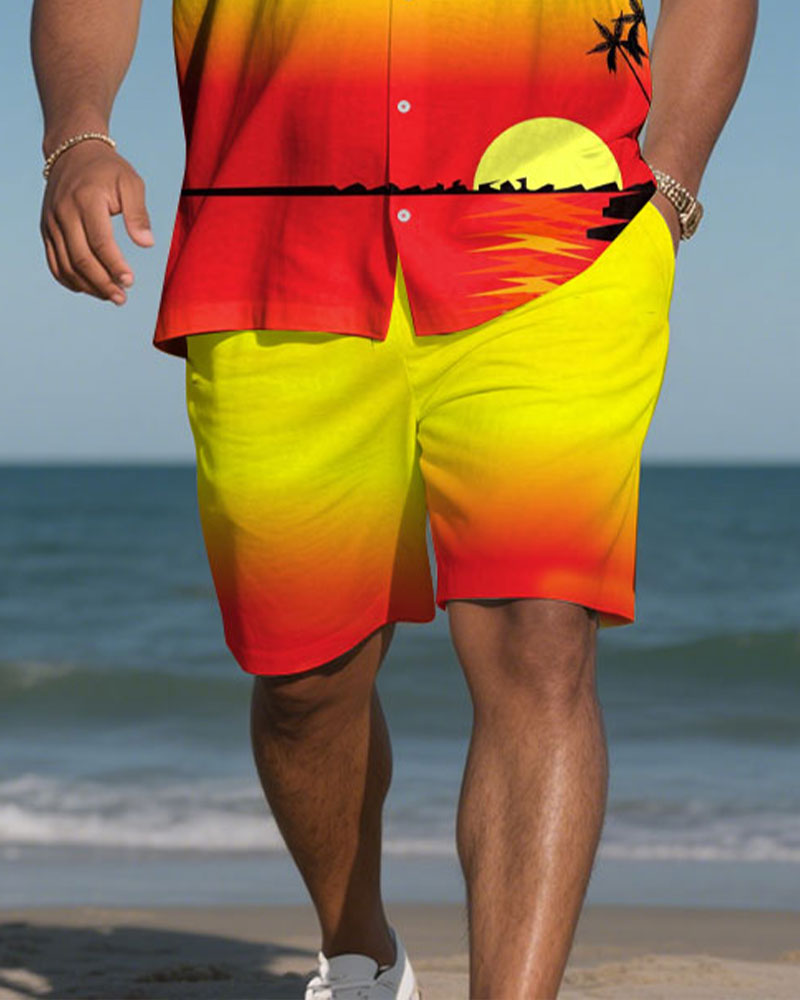 Big & Tall Yellow Hawaiian Graphic Shirt Shorts Set for big men view 3