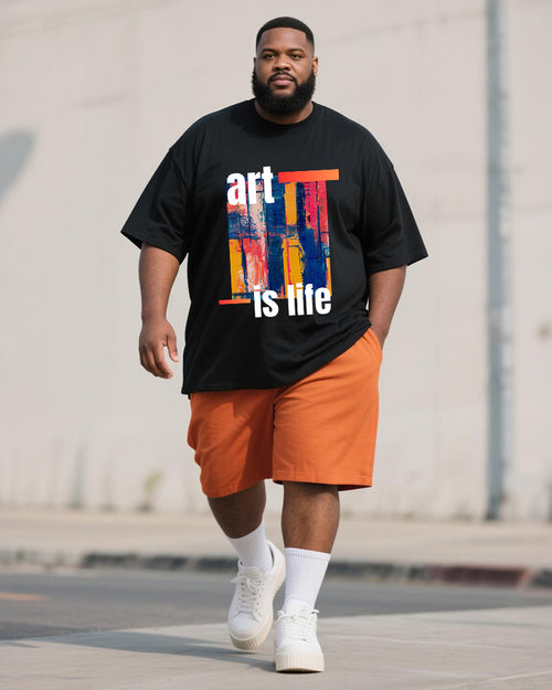 Big & Tall Orange Graphic Graffiti T-Shirt Shorts Set for big men view 1