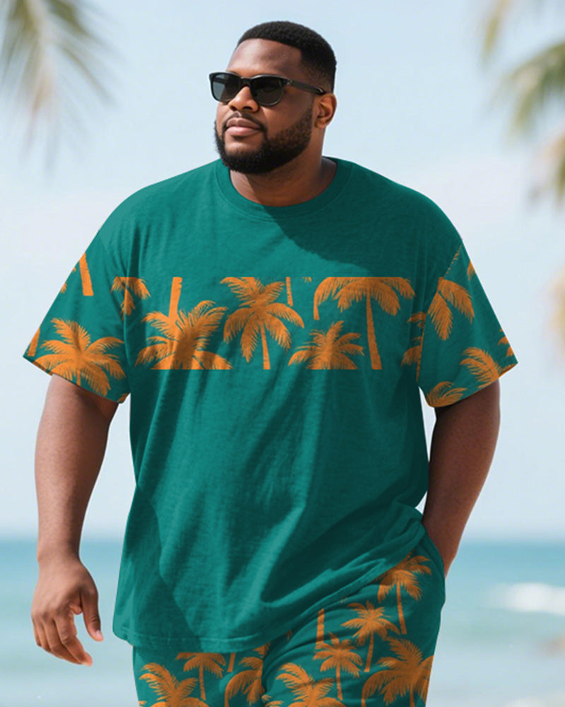 Big & Tall Green Hawaiian Graphic T-Shirt Shorts Set for big men view 2