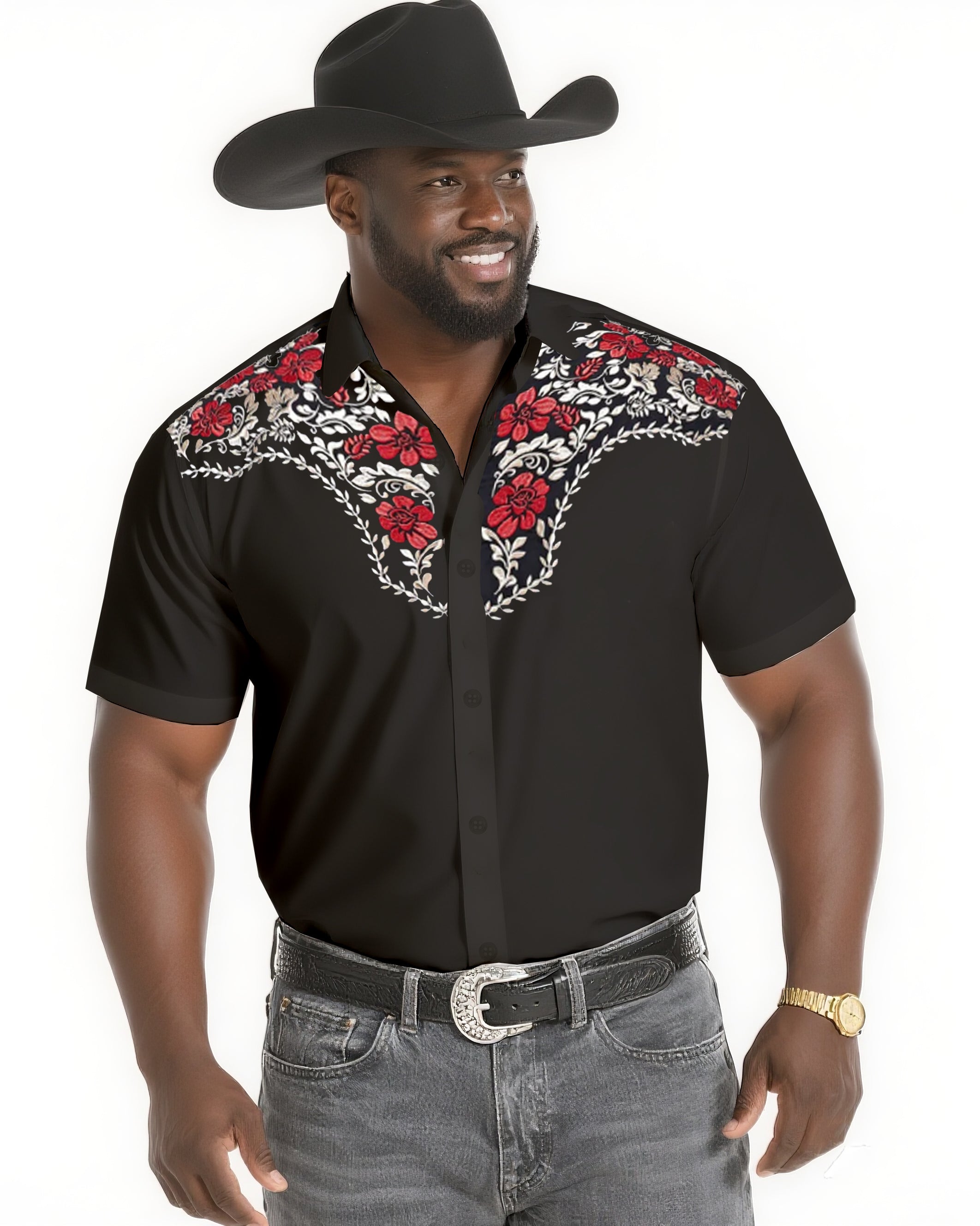 Big & Tall Black Floral Short Sleeve Shirt for big men view 1