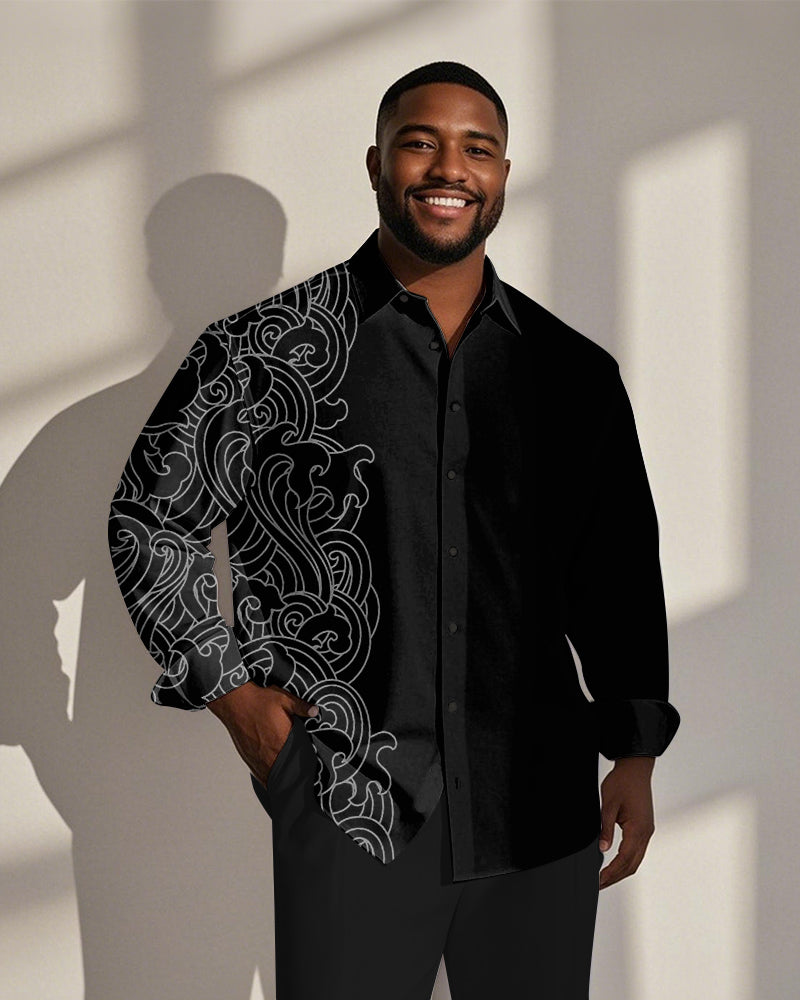 Big & Tall Black Graphic Patchwork Long Sleeve Shirt for big men view 1