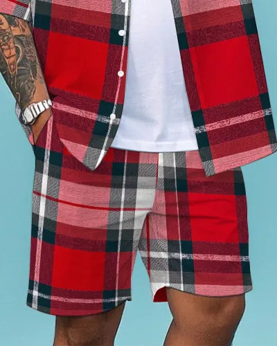 Big & Tall Red Plaid T-Shirt Shorts Set for big men view 3