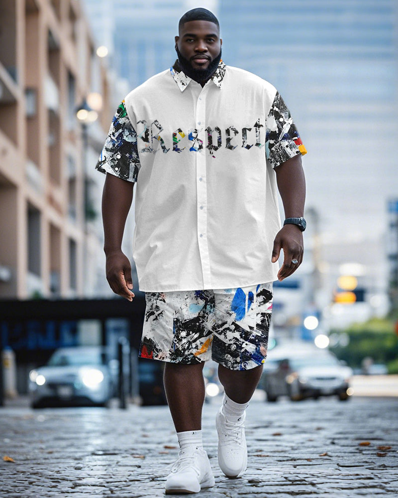 Big & Tall White Graphic Graffiti T-Shirt Shorts Set for big men view 1