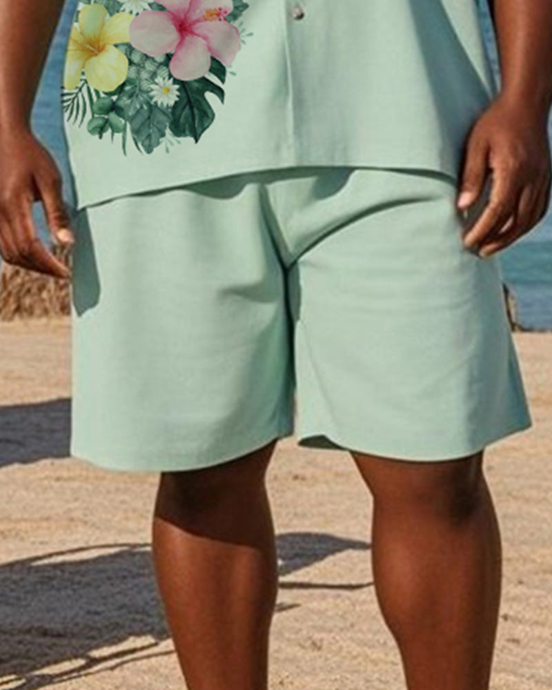 Big & Tall Green Hawaiian Graphic T-Shirt Shorts Set for big men view 3