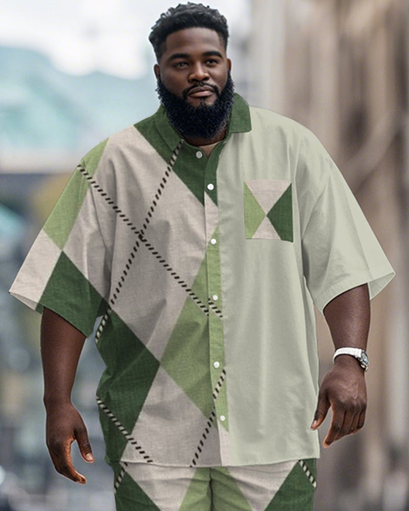 Big & Tall Green Graphic Patchwork T-Shirt Shorts Set for big men view 2