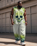 Big & Tall Green Graphic Streetwear Vest Pants Set for big men view 1