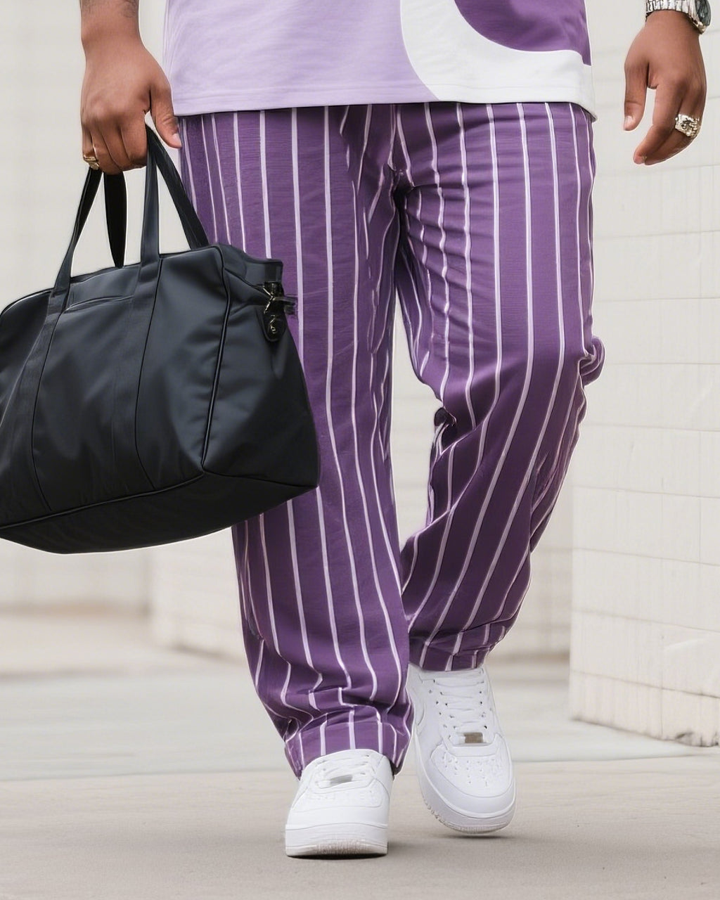 Big & Tall Purple Striped Streetwear Two-piece Set for big men view 3