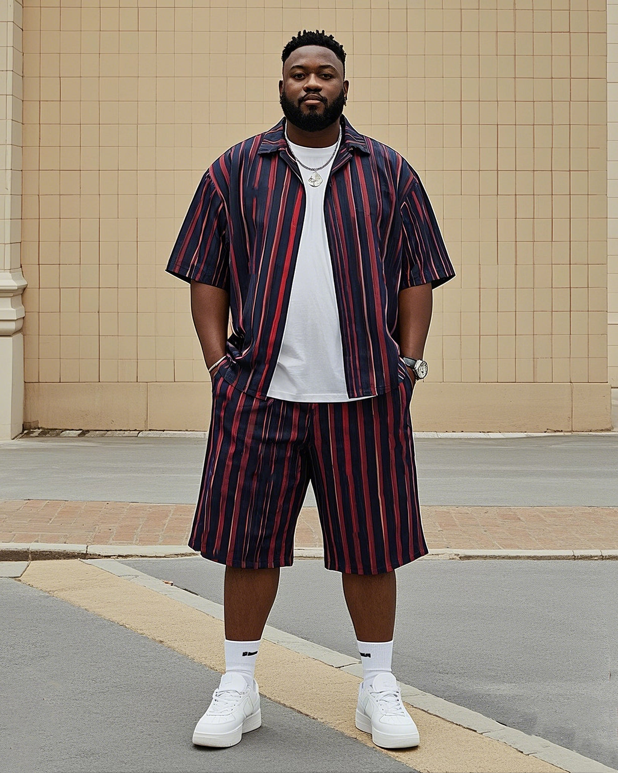 Big & Tall Blue Red Colorblock T-Shirt Shorts Set for big men view 1