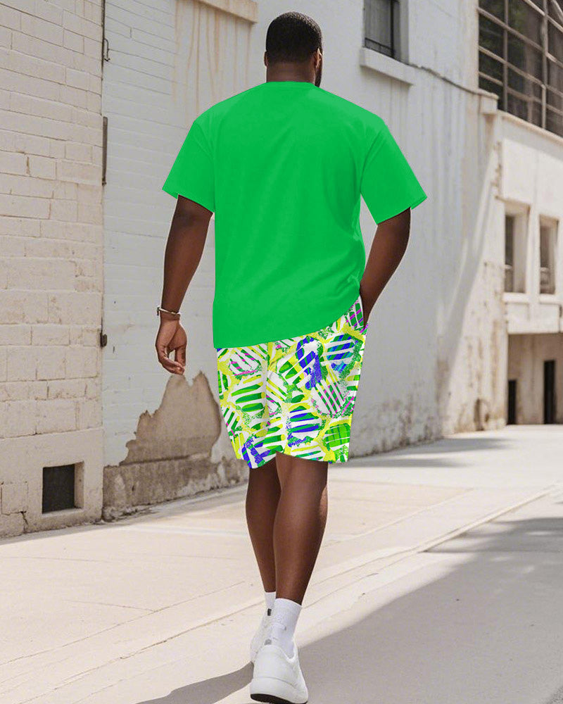 Big & Tall Green Graphic Graffiti T-Shirt Shorts Set for big men view 4