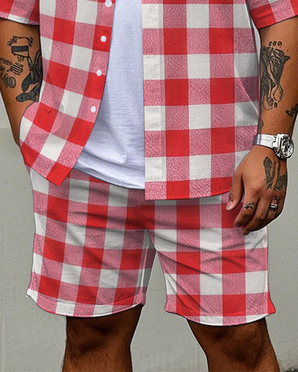 Big & Tall Red Plaid T-Shirt Shorts Set for big men view 3