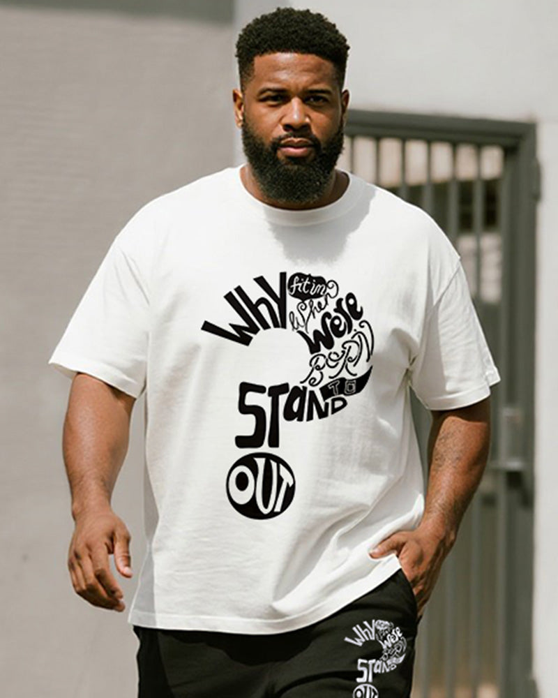 Big & Tall Black White Graphic T-Shirt Shorts Set for big men view 2