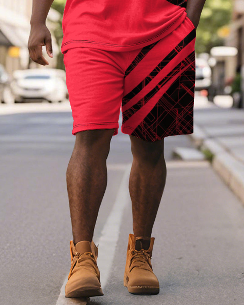 Big & Tall Black Red Colorblock Polo Shorts Set for big men view 4