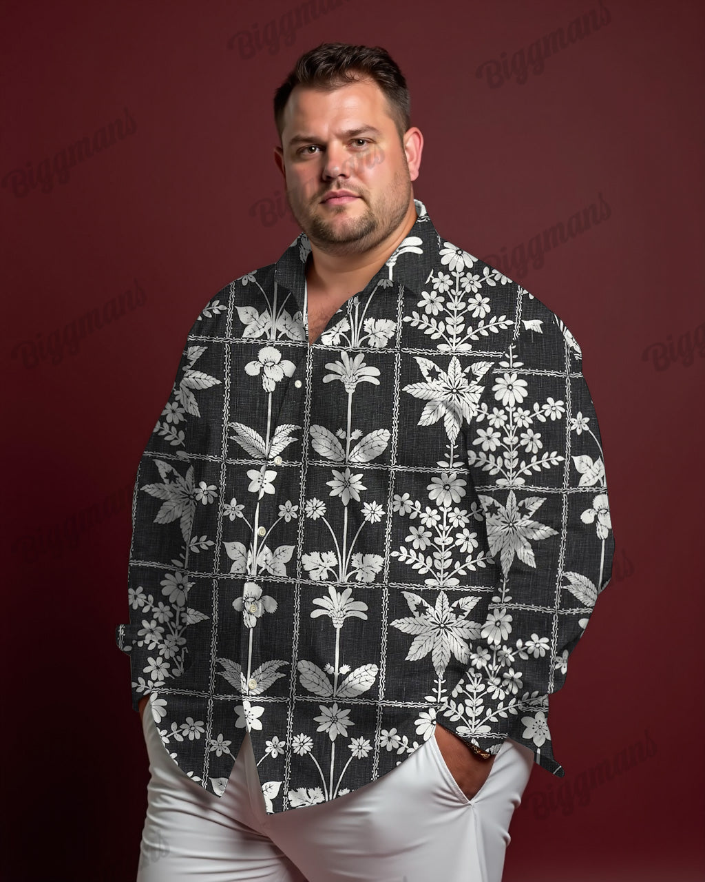Big & Tall Black White Hawaiian Long Sleeve Shirt for big men view 1