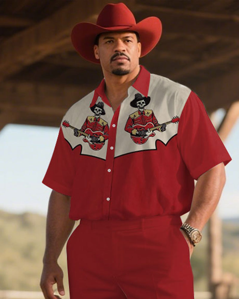 Big & Tall Red Western Denim T-Shirt Pants Set for big men view 2