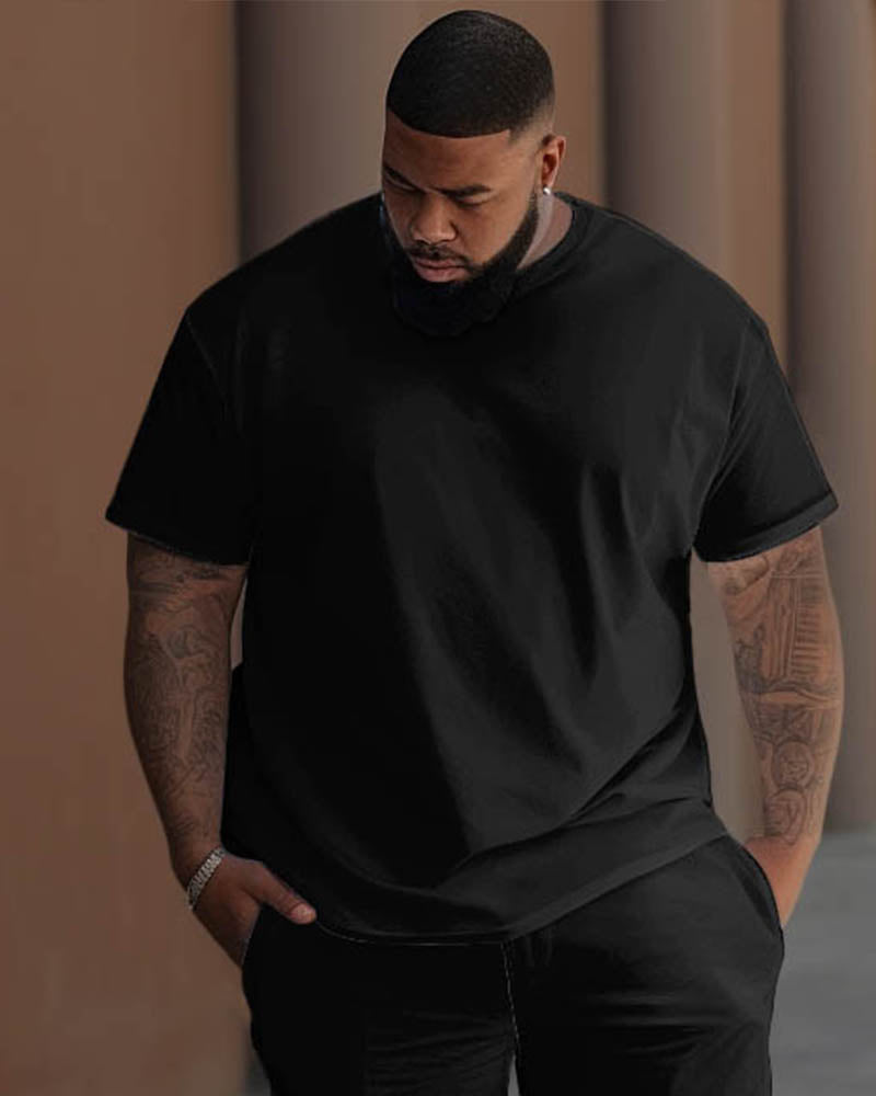 Big & Tall Black Solid Color T-Shirt Pants Set for big men view 3
